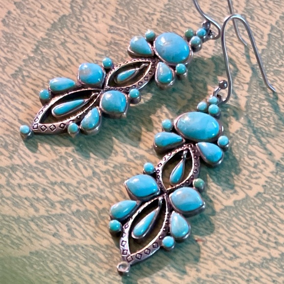 Peyote BirdTurquoise and Sterling Dangle Earrings w/Inner Dangles